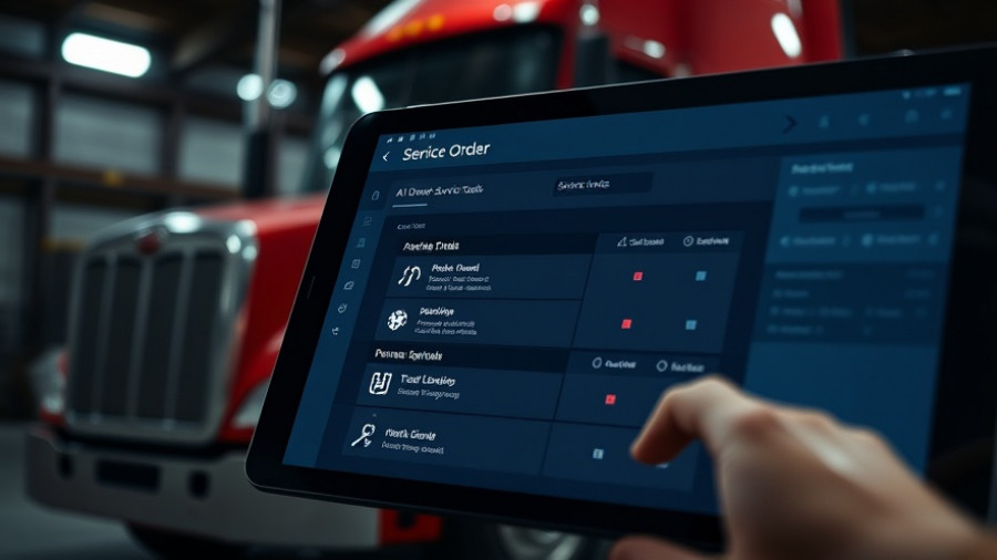 Digital service order interface showing AI-driven service tools with red truck backdrop.