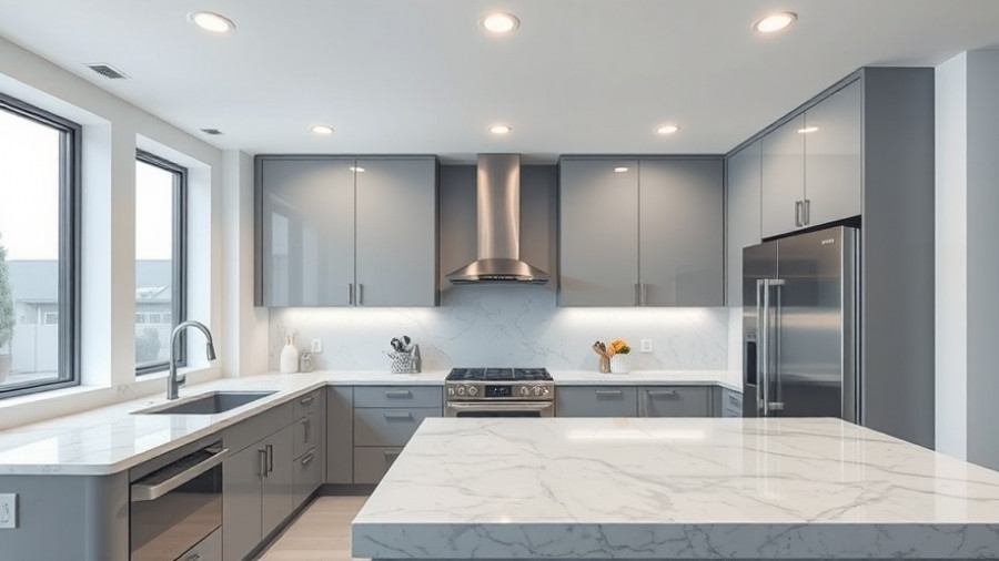 Open Concept 2.0 modern kitchen with gray cabinets and marble countertops.