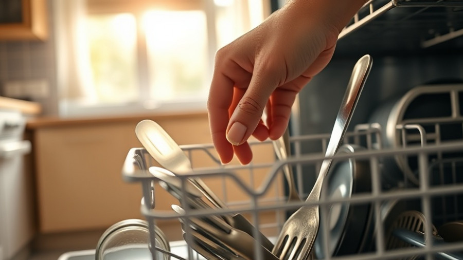 Loading cutlery into dishwasher basket in kitchen setting