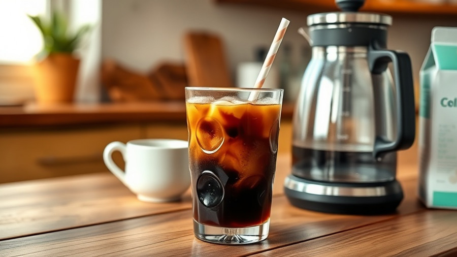 Cold brew coffee setup at home with iced coffee glass
