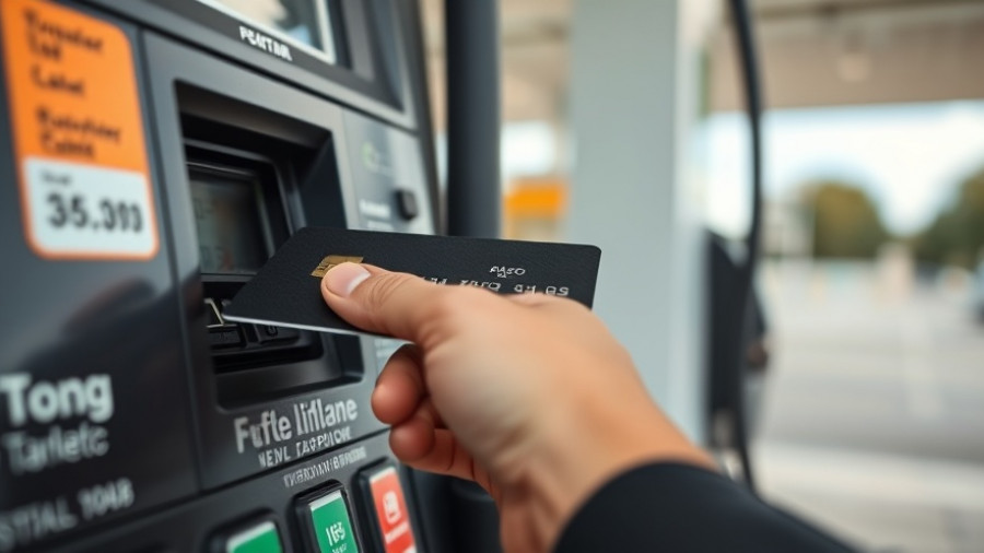 Close-up of hand using gas pump card reader during automotive road trips.