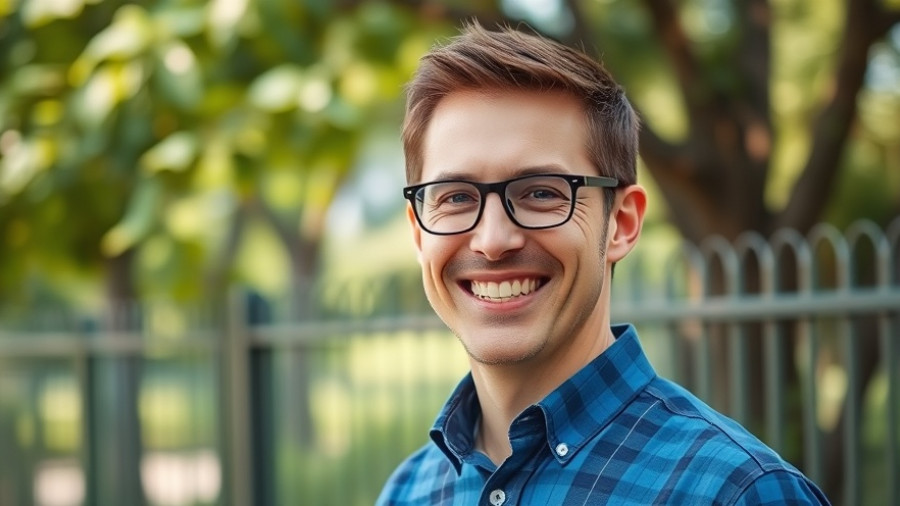 Man in blue shirt smiling outdoors with trees in background.