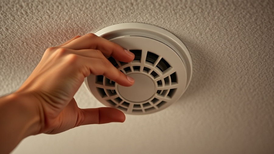 Hands changing smoke alarm batteries on a white ceiling.