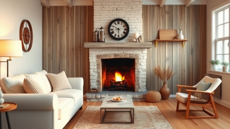 Elegant living room with lit wood-burning fireplace and cozy decor.