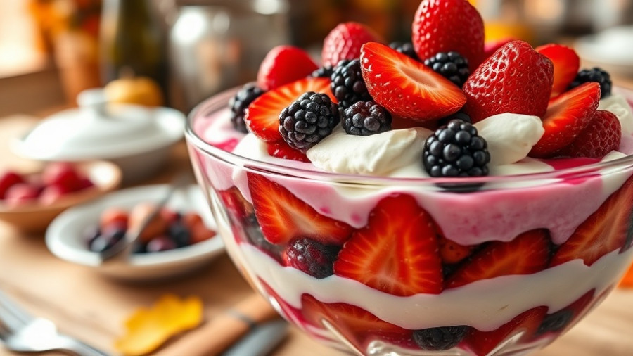 Berry Trifle Thanksgiving Recipe: vibrant dessert bowl topped with fresh berries.