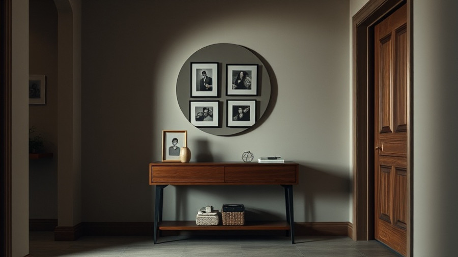 Modern entrance makeover with wooden console and mirror.