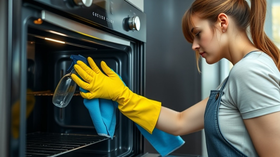 Young woman performing daily cleaning tasks, cleaning oven door in kitchen.