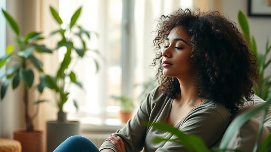 Young woman in lavender sweater reflecting in sunlit room, calming self-talk phrases for parents.