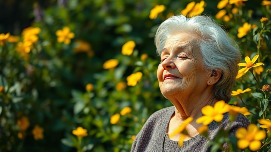 Embracing the Crone Era: serene woman in vibrant garden