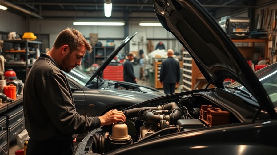Mechanic repairing car engine in auto repair workshop.
