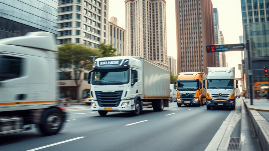 Telematics fleet safety promotion on urban street with trucks.