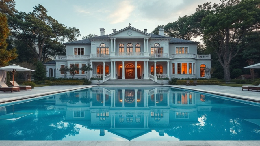 Luxurious mansion with pool, pristine negligence at home background.