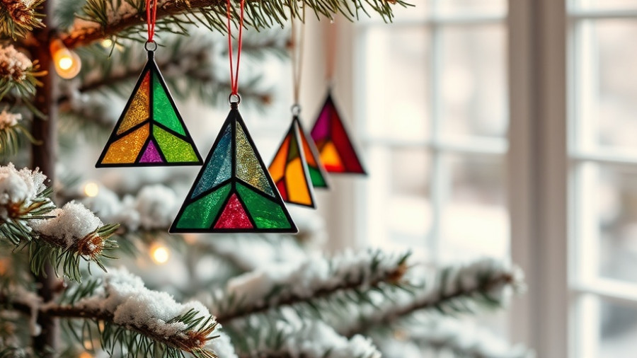 Stained glass tree ornaments on frosted Christmas tree for stress-free holiday tips.