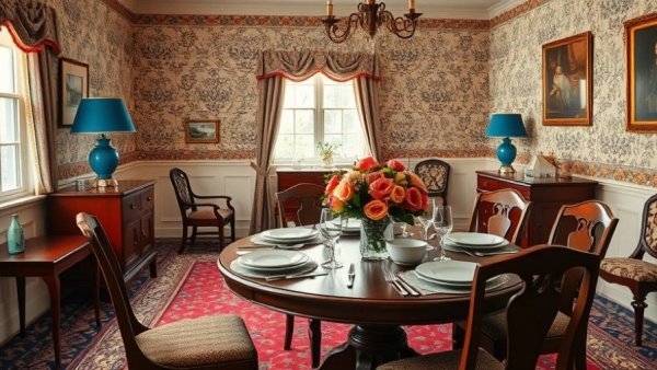 Vintage dining room decor with floral accents and patterned wallpaper