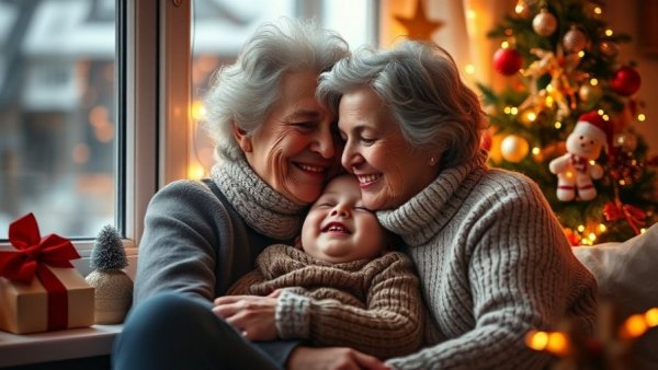 Heartwarming holiday moment for grandparents and child by festive decor.