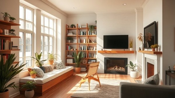 Modern living room with window seat and shelves enhancing the psychology of space in homes.