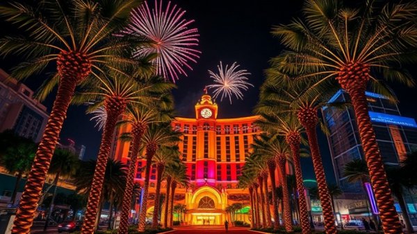 AAA Timeless Diamond hotel entrance with vibrant lights and fireworks.