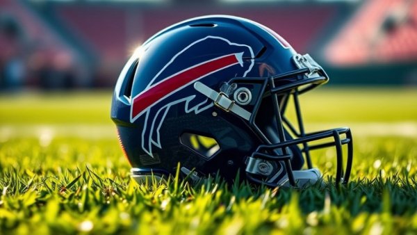 Buffalo Bills helmet on green turf symbolizes sportsmanship.