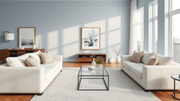 Living room with calming paint colors, featuring elegant decor.