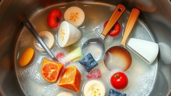 Dirty dishes soaking in soapy water in a kitchen sink.