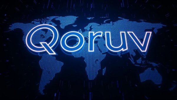 Qoruv.com Digital Technology Innovation illuminated logo over world map
