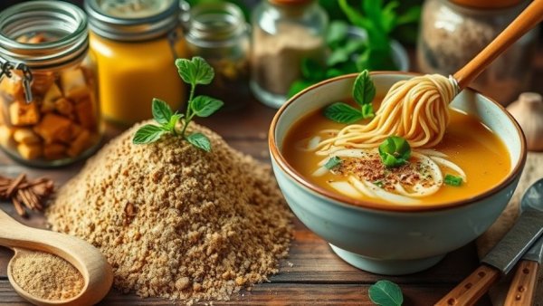 Herbal bouillon powder with noodle soup and spices.