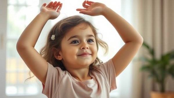 Young girl stretching in morning light, Morning Habits to Improve Kids' Behaviour.
