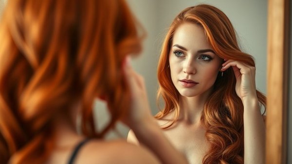 Confident red-haired woman practicing mirror play in soft lighting.