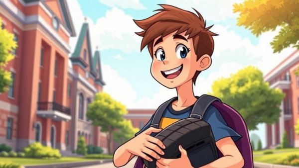 Cartoon student with tire on campus for Tire Industry Scholarship Fund.