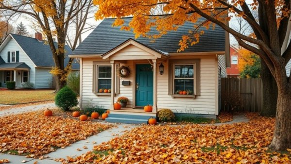 Charming suburban cottage surrounded by autumn leaves.