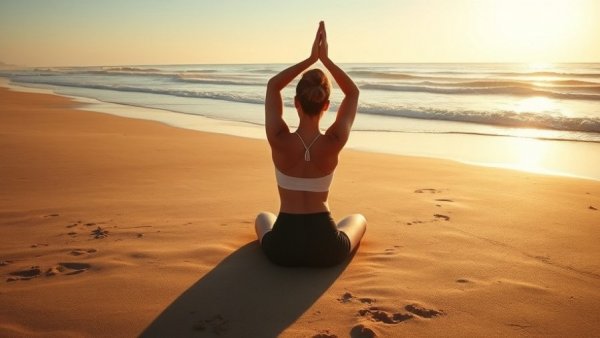 Woman practicing mindfulness on beach at sunrise, body acceptance.