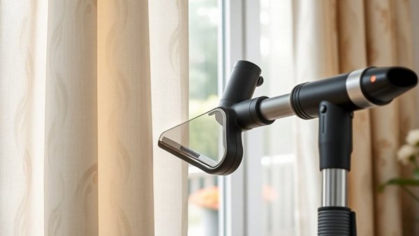 Vacuum cleaning curtains with floral texture in a softly lit room, demonstrating how to clean dirty curtains without taking them down.