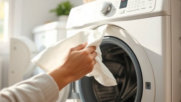 Person using laundry trick to load washer in sunlit room.