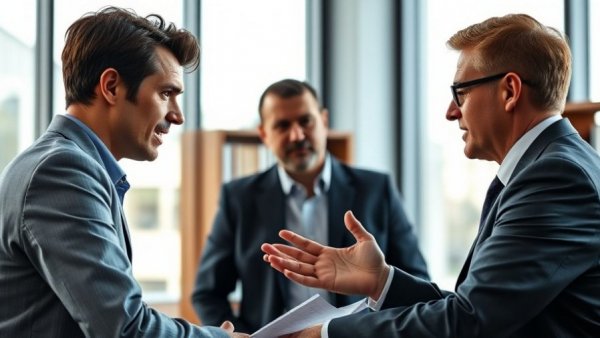 Couple engaging in heated discussion with family lawyer in modern office.