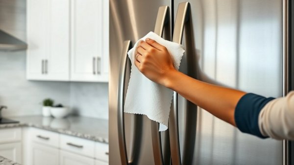 Person cleaning stainless steel appliance in a bright kitchen.