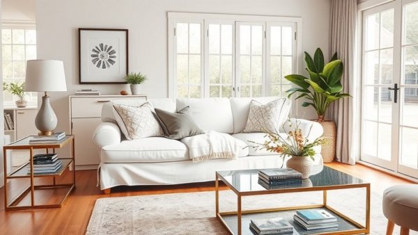 Cozy living room featuring a white slipcovered sofa with elegant decor.