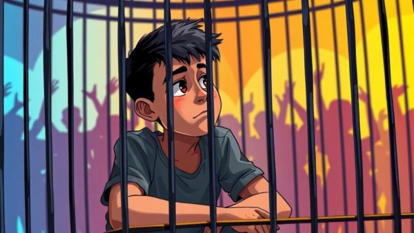 Young man in a cage surrounded by cheering silhouettes, symbolizing shyness.