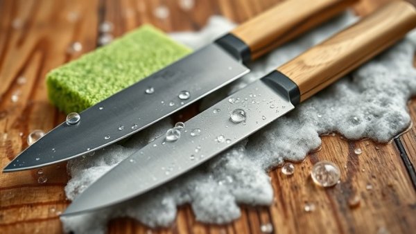Close-up of knives and sponge on soapy surface, kitchen items to replace.