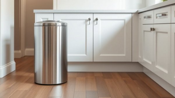 Modern stainless steel trash can beside white cabinets.