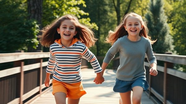 Second child wild behavior, girls running on a bridge, vibrant and joyful.