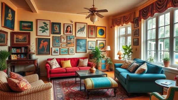 Colorful vintage living room with eclectic decor, highlighting vintage decor items to get rid of.