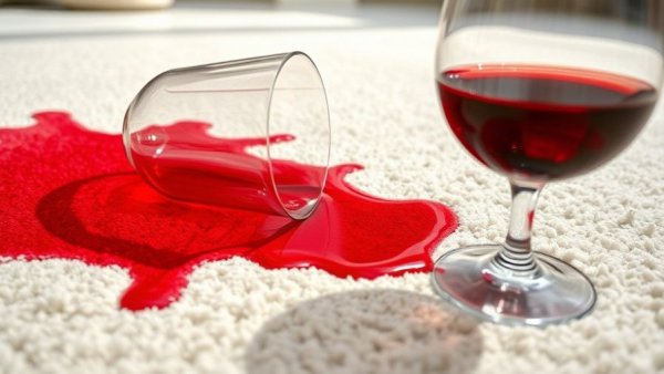Red wine stain removal from white carpet next to chair.