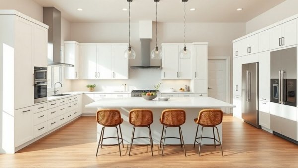Modern kitchen with island and stainless steel appliances.