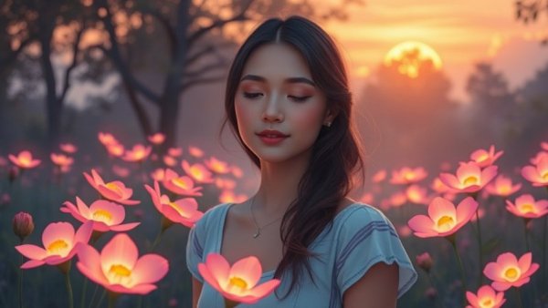 Healing Without Reconciling: Serene woman standing in glowing floral forest.