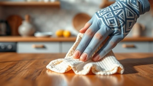Hand wiping wooden counter with cloth; monthly cleaning checklist.