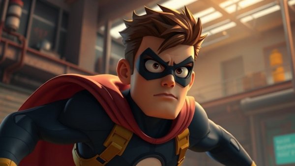 Superhero scene with dynamic alertness, cinematic setting.