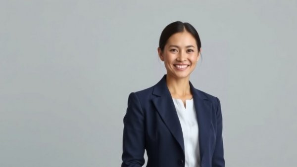 Professional portrait of a smiling businesswoman in navy blazer, automotive maintenance context.