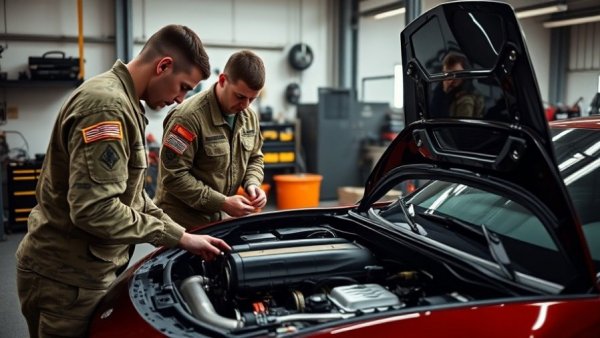 Military personnel conducting automotive maintenance in a garage.
