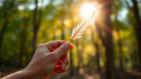 Hand holding feather pencil in nature, symbolizing how to beat creative blocks.