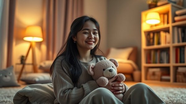 Restore Emotional Safety with Sensory Anchors: Woman comforted by plush toy in cozy room